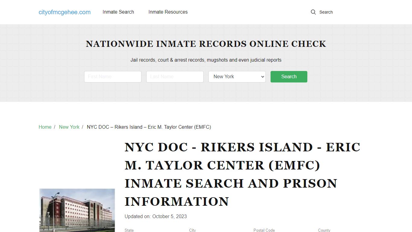NYC DOC - Rikers Island - Eric M. Taylor Center (EMFC) Inmate Search ...